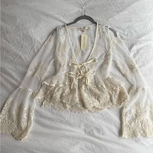 Sheer Ivory White Lace Tie-Front Peplum Top